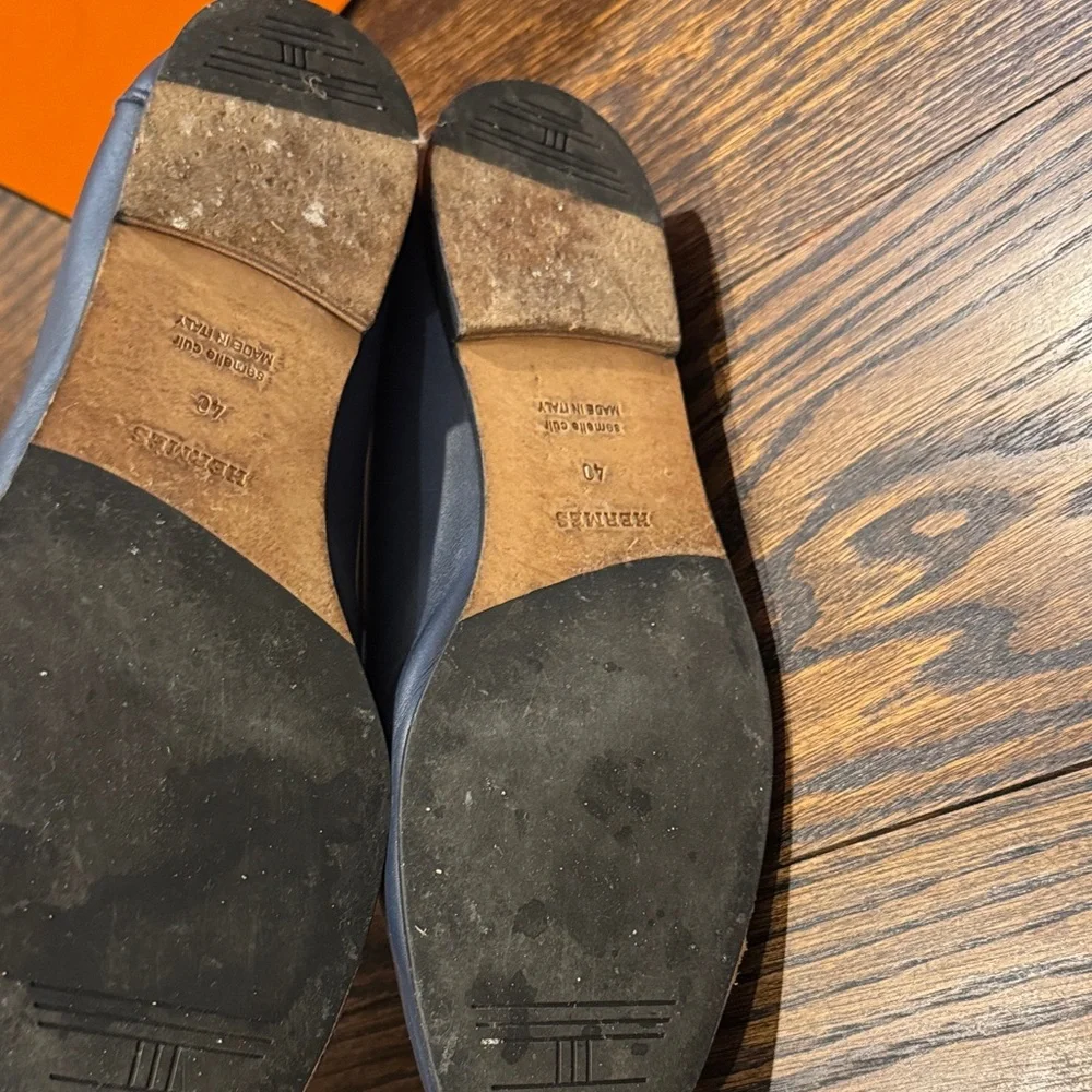 Hermes Colette Navy Blue Loafers with Gold Accent - Picture 7 of 11